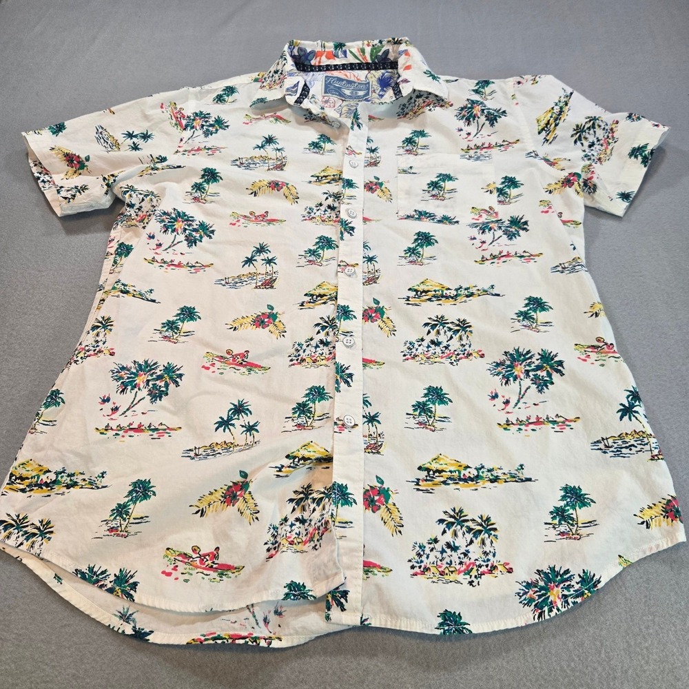 Huntington Beach Club Button Down Mens Large White Tropical Island Print Shirt